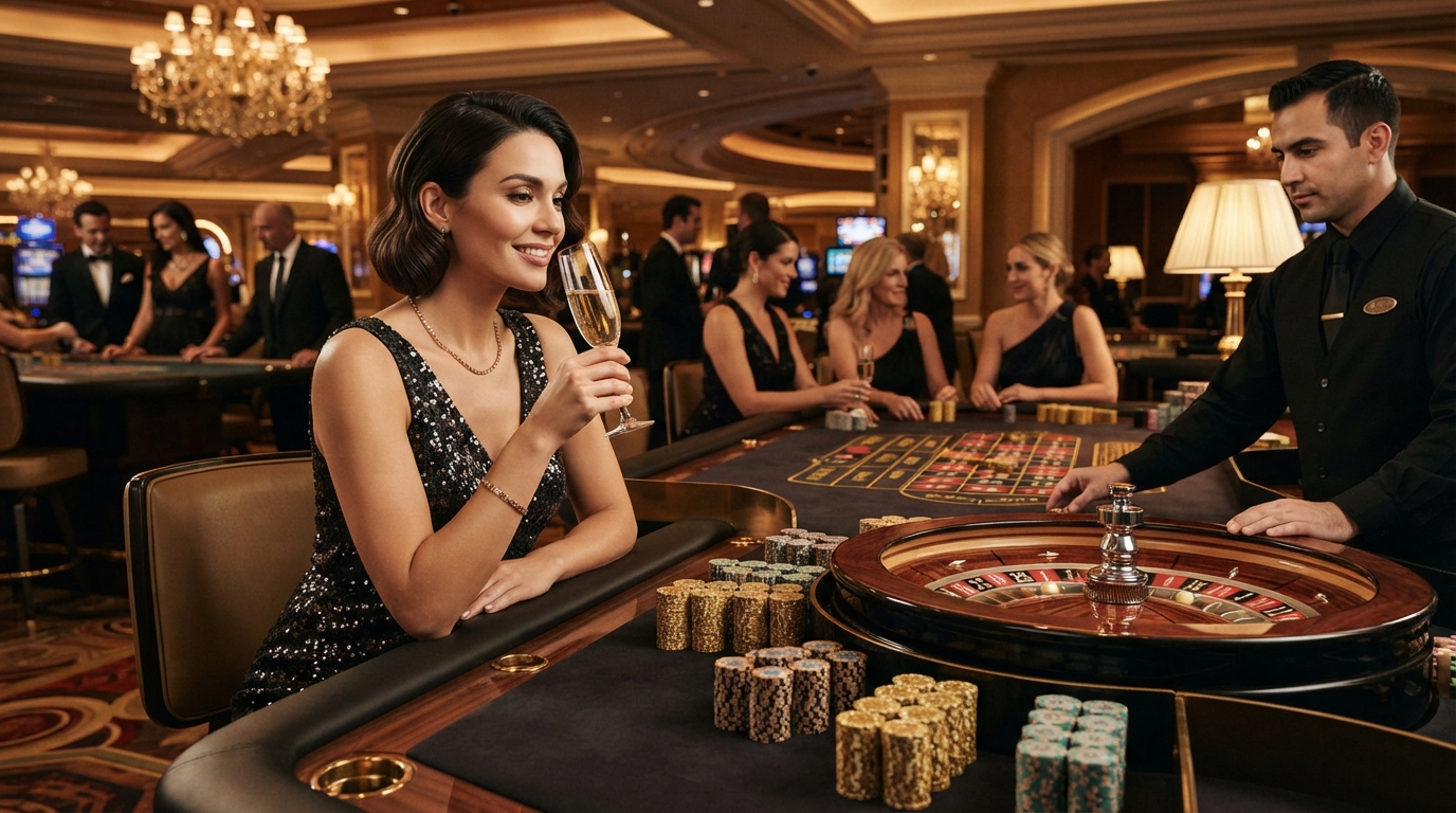 PaysafeCard Casino: Spil med digital tryghed — Elegant kvinde nyder et glas champagne ved et roulettebord, lyset spiller på gyl