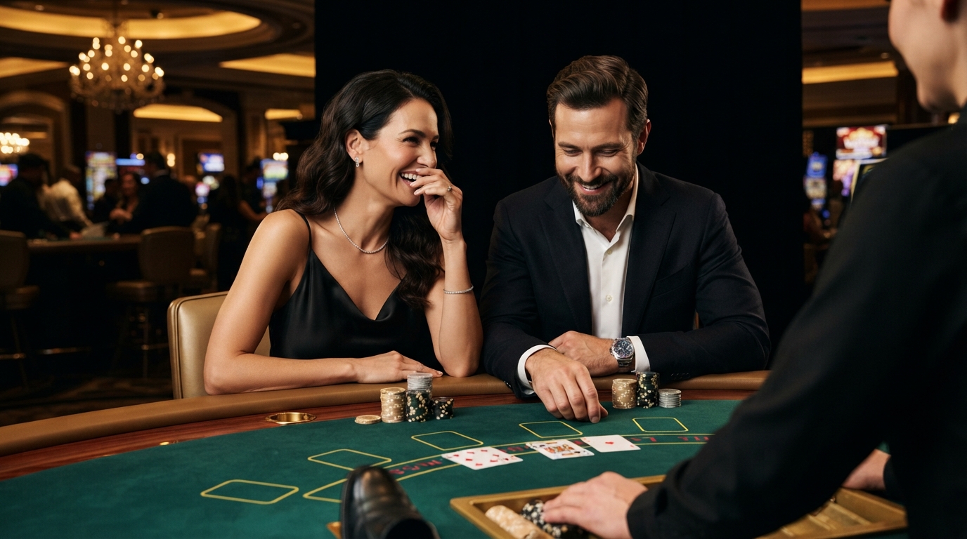 PaysafeCard Casino: Spil med digital tryghed — Et par griner diskret over et kortspil, et let smil af triumf, dybsort baggrund.
