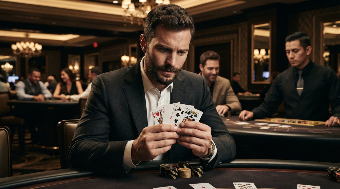 PaysafeCard Casino: Spil med digital tryghed — En mand betragter et sæt spillekort, et øjebliks dyb koncentration før det ultim